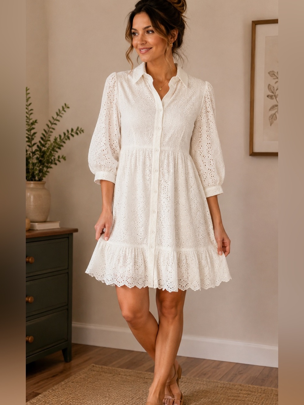 Veronica Beard White Kylan Eyelet Button-Front Long Sleeve Dress